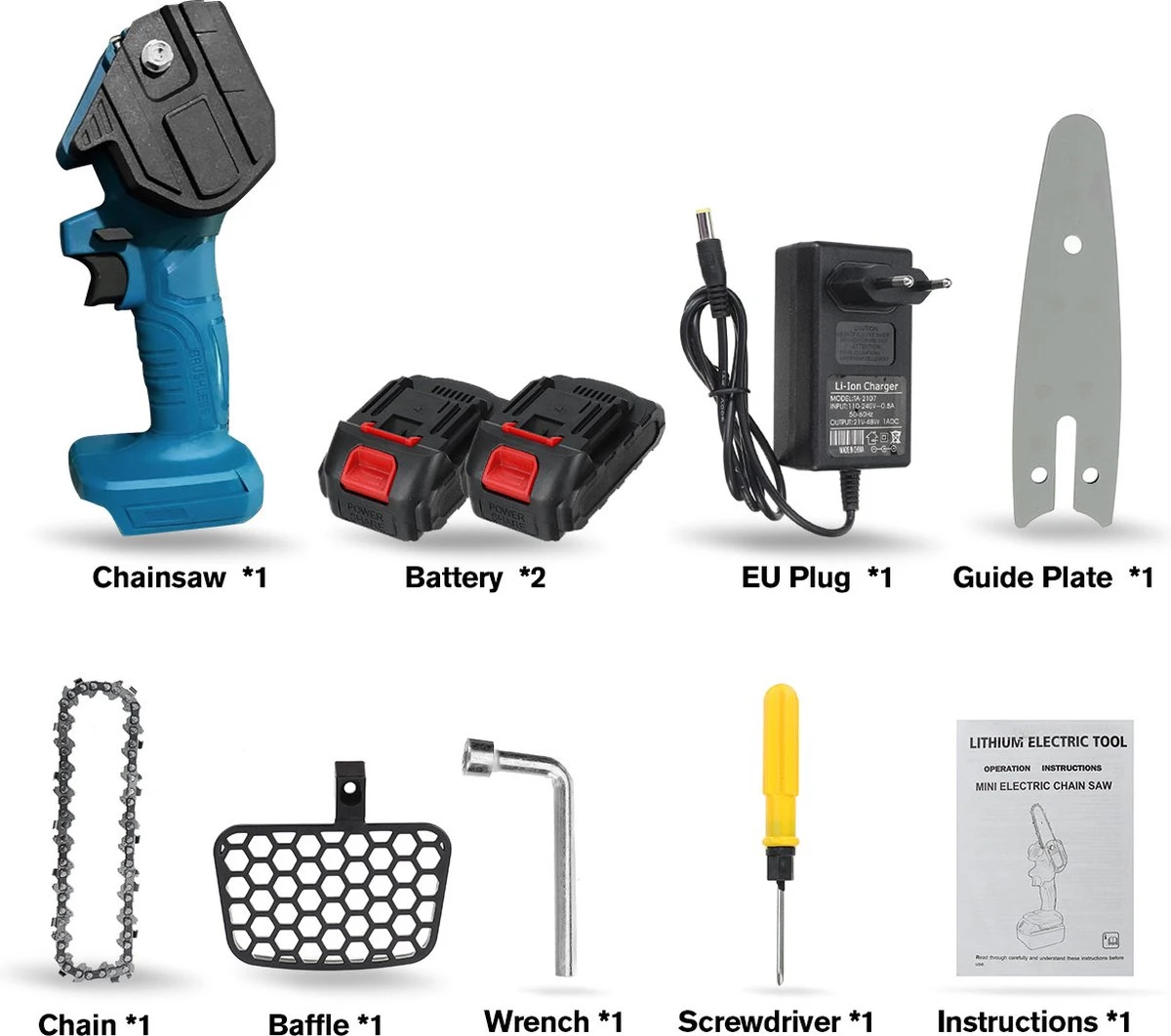 Merkloos Mini Accu Kettingzaag - 4 Inch Elektrische Boomzaag - Handkettingzaag - Met 2 Accu En 1 Oplader - Voor Tuinboom Ranch Bomen Snijden Hout- Blauw 13 Merkloos Mini Accu Kettingzaag - 4 Inch Elektrische Boomzaag - Handkettingzaag - Met 2 Accu En 1 Oplader - Voor Tuinboom Ranch Bomen Snijden Hout- Blauw - Afbeelding 13