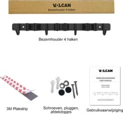 Volcan Bezemhouder - Bezem Ophangsysteem Tuingereedschap - Gereedschapshouder - Zelfklevend - 3M Tape - 3 Houders 4 Haken - RVS Zwart -Tuinartikelen Winkel 1200x1117