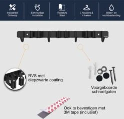 Volcan Bezemhouder - Bezem Ophangsysteem Tuingereedschap - Gereedschapshouder - Zelfklevend - 3M Tape - 3 Houders 4 Haken - RVS Zwart -Tuinartikelen Winkel 1200x1148 2