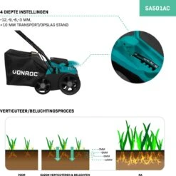 VONROC Elektrische Verticuteermachine - Gazonbeluchter – 1300W – Maaibreedte 320 Mm – 4 Dieptestanden (12/9/6/3 Mm) – Incl. 35L. Opvangbak -Tuinartikelen Winkel 1200x1200 135