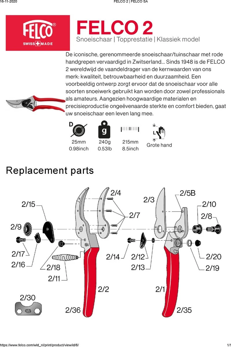 Felco 2 Snoeischaar - Rechtshandig - Max. Knipdiameter 25 Mm - Lengte 215 Mm 2 Felco 2 Snoeischaar - Rechtshandig - Max. Knipdiameter 25 Mm - Lengte 215 Mm - Afbeelding 2